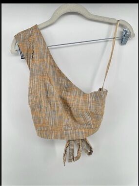 BCBGeneration Plaid One-Shoulder Crop Top in Mustard, Blue & Cream
